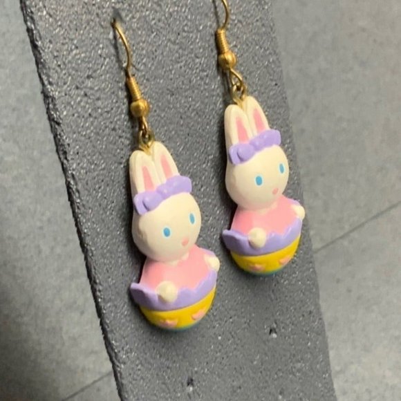 Easter Bunny Pierced Earrings Egg Pastel Dangle White Pink Purple Yellow Blue - Picture 2 of 4